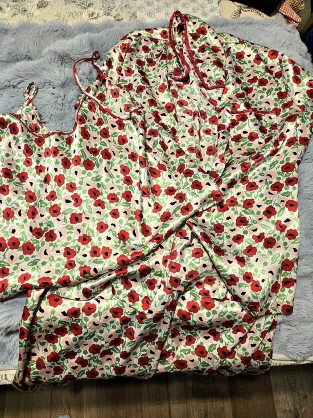 Cabernet Sleepwear 3-Piece Satin Pajama Set Floral Poppies Size L